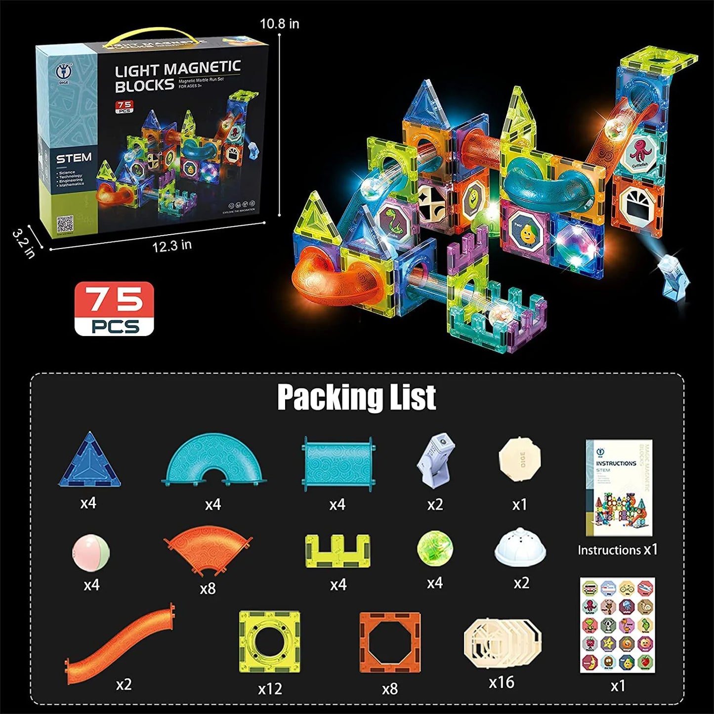 Light Magnetic Blocks - 75 pcs (Code:3250)